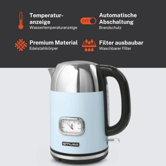 Mews Classic Design Stainless Steel Kettle with Analog Temperature Indicator and Washable Filter, 1.7L Capacity – Pastel Blue